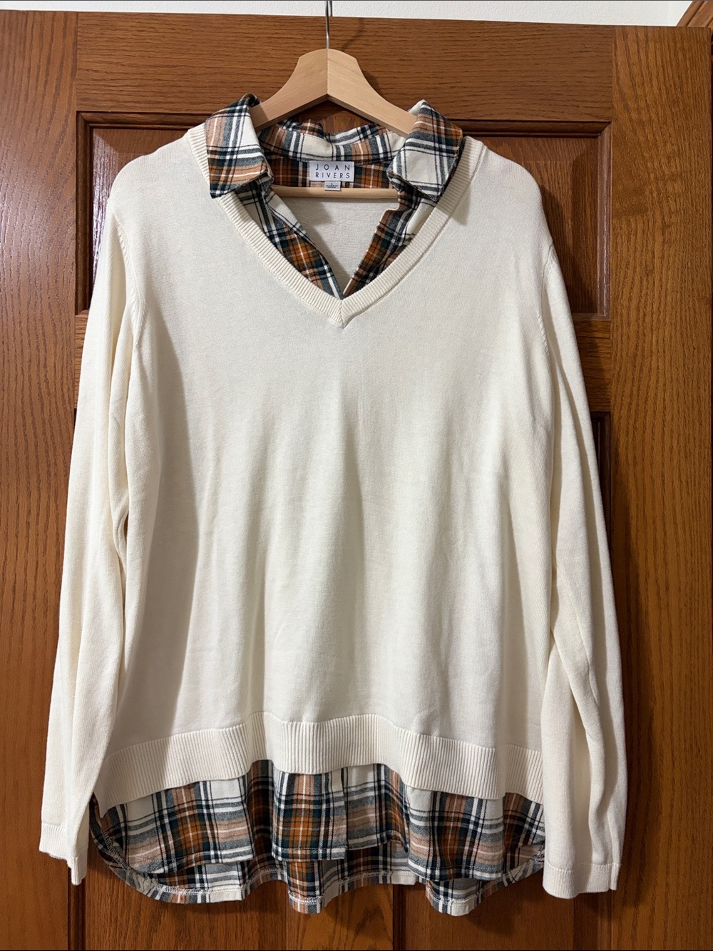 Joan Rivers Cream V-Neck Twofer Sweater with brown plaid trim
